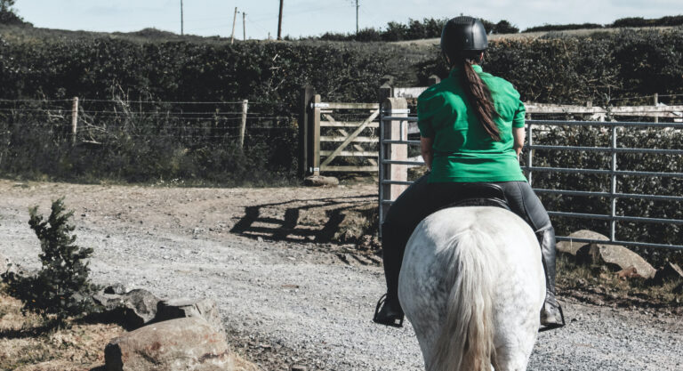 Rear view of a woman riding a horse