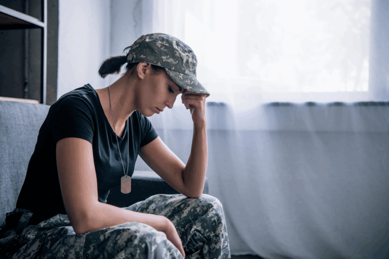 Woman sad in army uniform