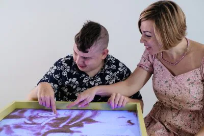 Children,With,Disability,Getting,Sensory,Activity,Sand,Tray,,Sand,Table