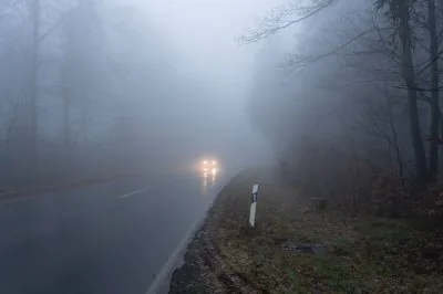 A,Car,On,The,Dark,And,Foggy,Forest,Road,During